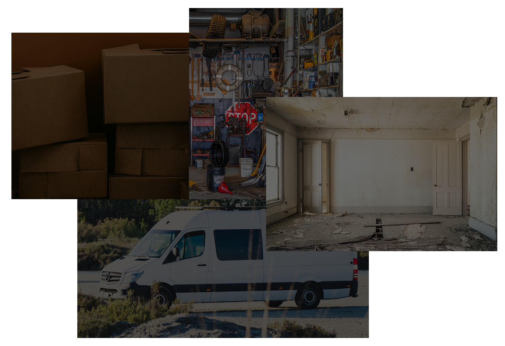 an picture of an sprinter, an emtpy room, a clutter gerage and a couple of packages